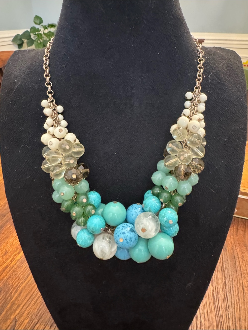 Lia Sophia Blue Green Beaded Cluster Statement Necklace Gold Tone NWT